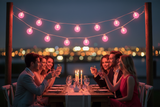 LED-lampen hangend op een terras met mensen die toosten, sfeervolle verlichting voor buitengebruik