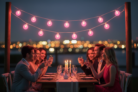LED-lampen hangend op een terras met mensen die toosten, sfeervolle verlichting voor buitengebruik