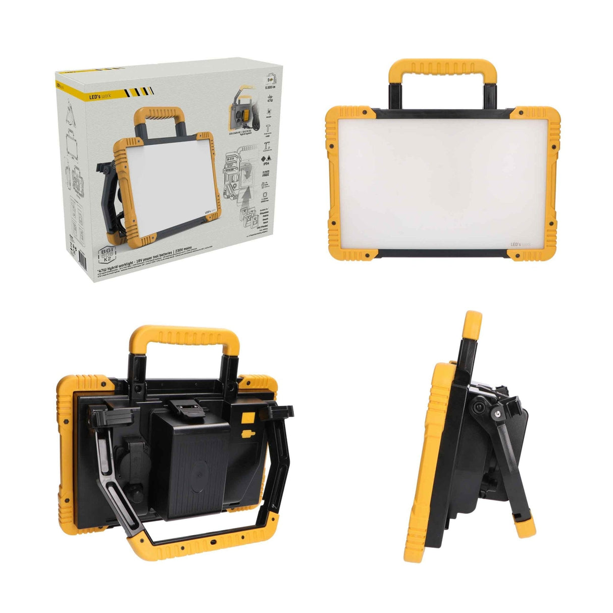 Hybride LED Bouwlamp - 5500 Lumen - 18V Accu + 230V - Dimbaar - IP54 IK08 - Inclusief Adapters - 47W