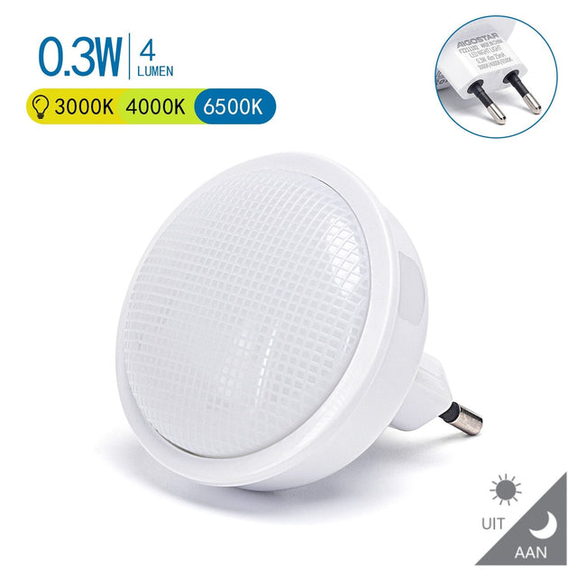 Nachtlampje rond warmwit, dagnachtsensor, 3000K/4000K/6500K, 0.3 Watt, 4 Lumen, 230V
