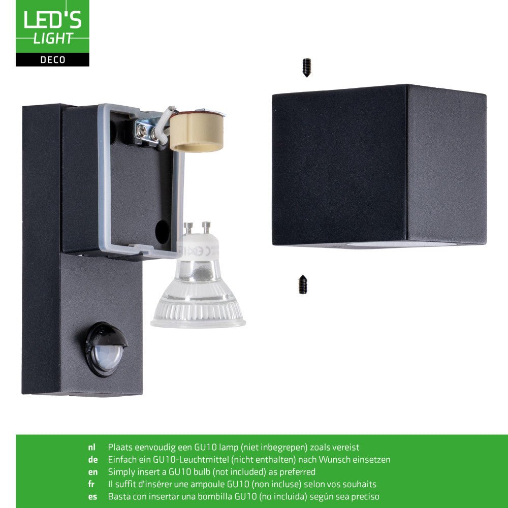 Applique murale LED avec capteur GU10 - Aluminium noir - IP44 - Capteur de mouvement - Éclairage vers le bas