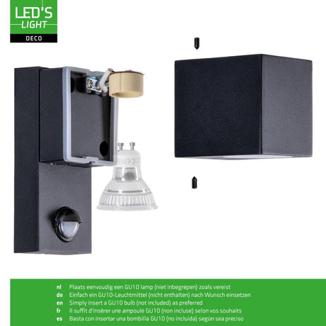 Applique murale LED avec capteur GU10 - Aluminium noir - IP44 - Capteur de mouvement - Éclairage vers le bas
