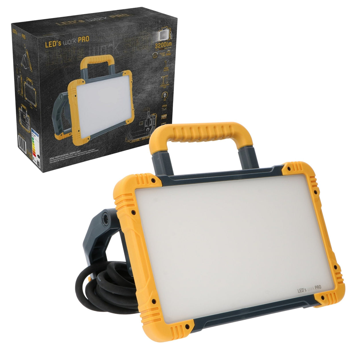 Projecteur de travail LED 3200 lumens - 30W - Blanc froid 5000K - Prise électrique - IP54 - IK08 - Câble de 5m