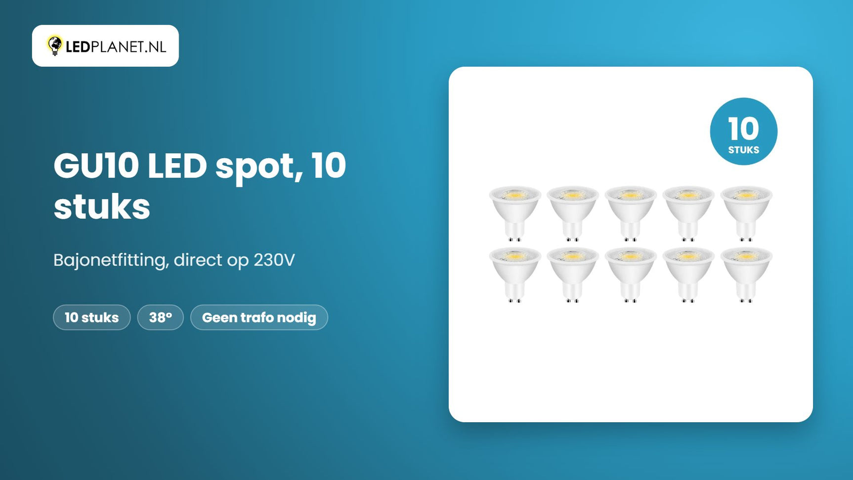 Video GU10 LED spot 8W vervangt 60W, 680 lumen, daglichtwit 6000K, 38°, 10 stuks