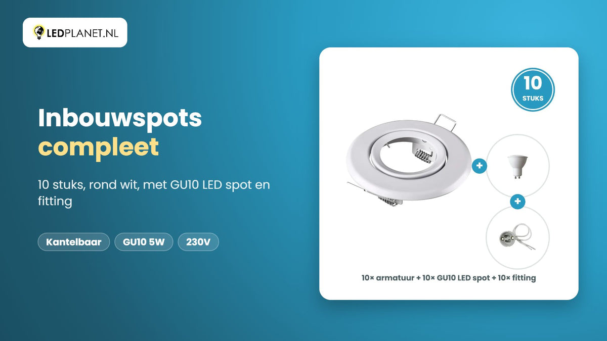 Video GU10 inbouwspots compleet, 10 stuks, rond wit, LED 5W 465 lm, koelwit 4000K, 38°, kantelbaar