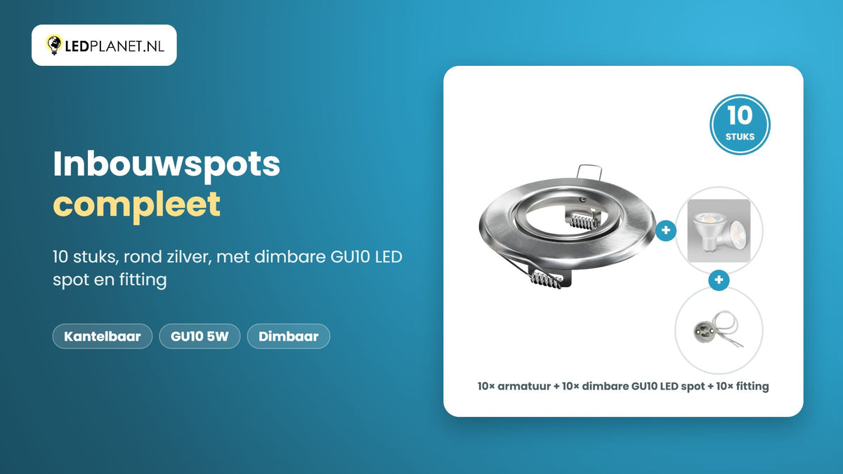 Video GU10 inbouwspots compleet, 10 stuks, rond zilver, LED 5W 400 lm, dimbaar, koelwit 4000K, 35°, kantelbaar