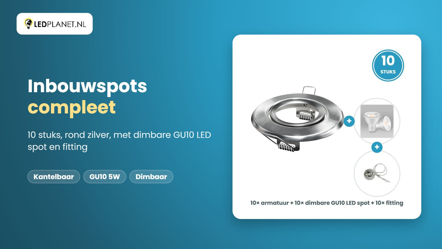Video GU10 inbouwspots compleet, 10 stuks, rond zilver, LED 5W 400 lm, dimbaar, daglichtwit 6000K, 35°, kantelbaar