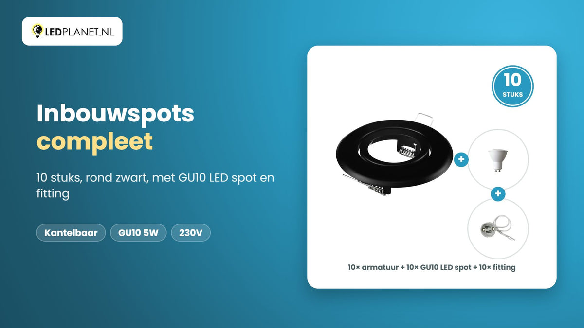 Video GU10 inbouwspots compleet, 10 stuks, rond zwart, LED 5W 465 lm, daglichtwit 6000K, 38°, kantelbaar