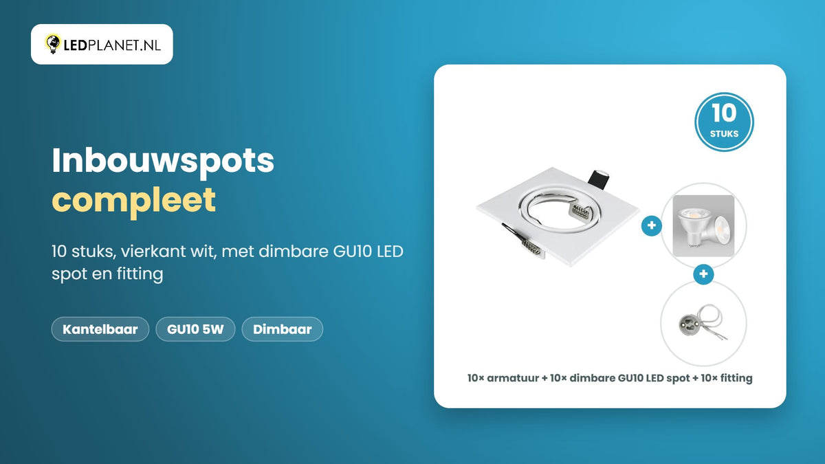 Video GU10 inbouwspots compleet, 10 stuks, vierkant wit, LED 5W 400 lm, dimbaar, koelwit 4000K, 35°, kantelbaar