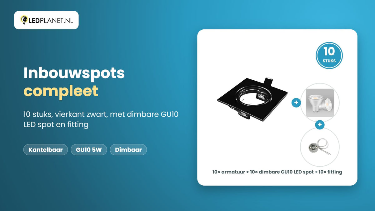 Video GU10 inbouwspots compleet, 10 stuks, vierkant zwart, LED 5W 400 lm, dimbaar, koelwit 4000K, 35°, kantelbaar