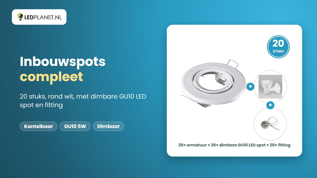 Video GU10 inbouwspots compleet, 20 stuks, rond wit, LED 5W 400 lm, dimbaar, warmwit 2700K, 35°, kantelbaar