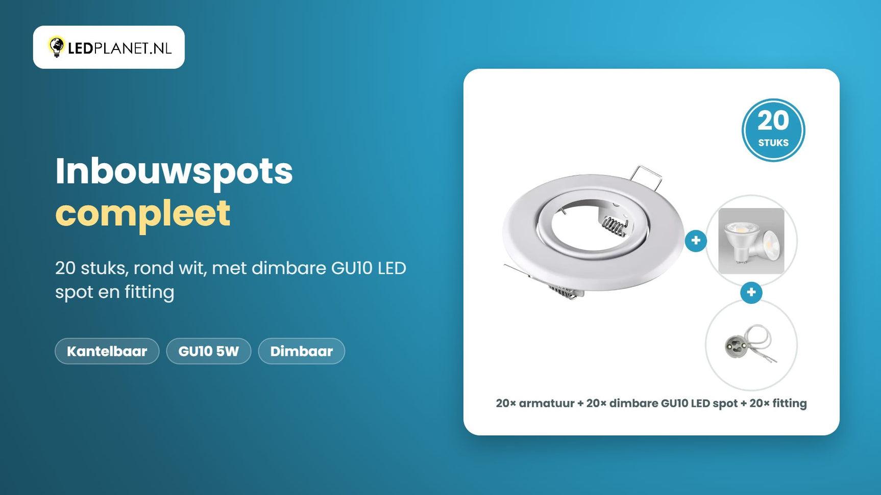 Video GU10 inbouwspots compleet, 20 stuks, rond wit, LED 5W 400 lm, dimbaar, koelwit 4000K, 35°, kantelbaar