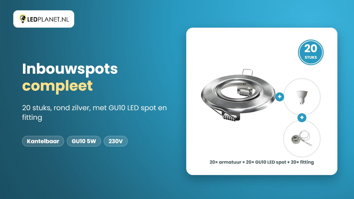 Video GU10 inbouwspots compleet, 20 stuks, rond zilver, LED 5W 465 lm, daglichtwit 6000K, 38°, kantelbaar