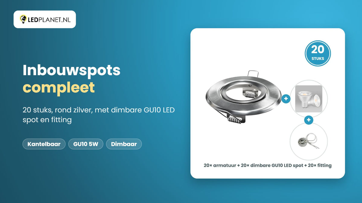 Video GU10 inbouwspots compleet, 20 stuks, rond zilver, LED 5W 400 lm, dimbaar, warmwit 2700K, 35°, kantelbaar