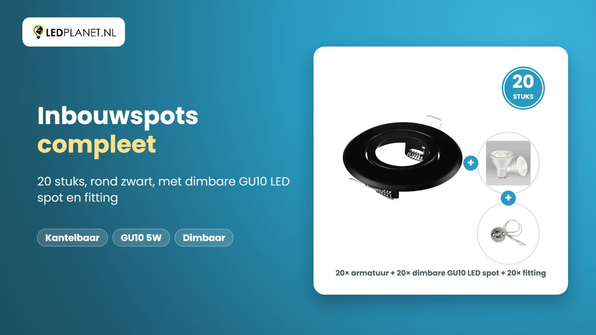 Video GU10 inbouwspots compleet, 20 stuks, rond zwart, LED 5W 400 lm, dimbaar, warmwit 2700K, 35°, kantelbaar