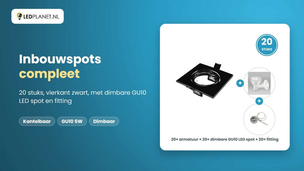 Video GU10 inbouwspots compleet, 20 stuks, vierkant zwart, LED 5W 400 lm, dimbaar, warmwit 2700K, 35°, kantelbaar
