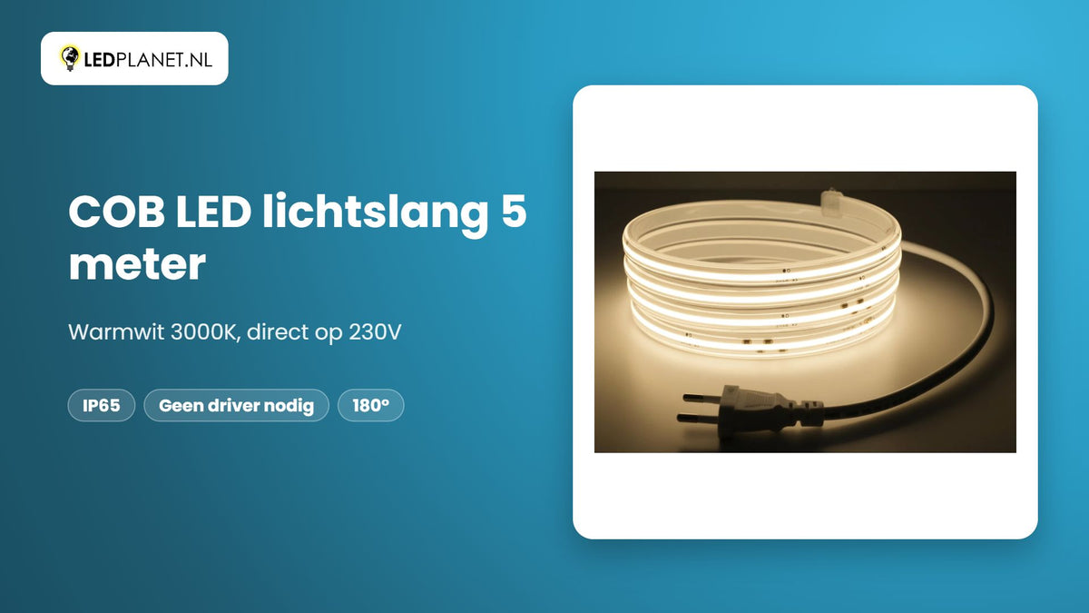Video COB LED lichtslang 230V, warmwit 3000K, 1.000 lm/m, IP65, 5 meter