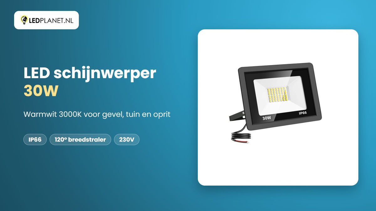 Video LED schijnwerper 30W, 3.000 lm, warmwit 3000K, 120°, IP66