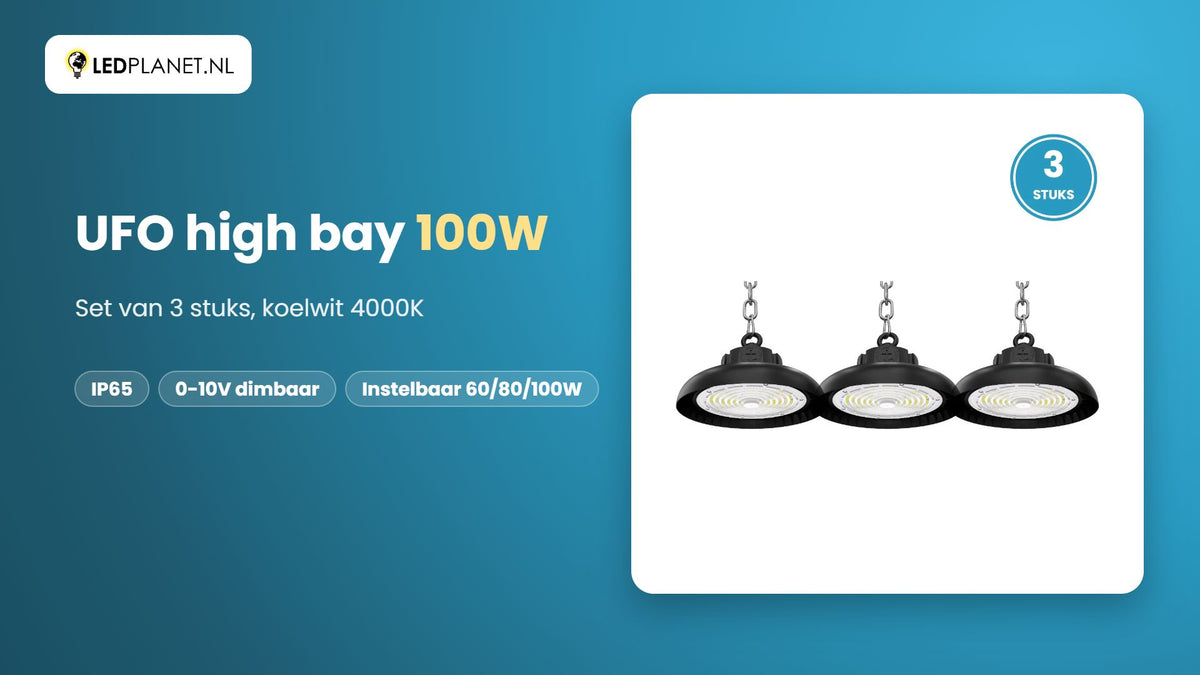 Video UFO LED high bay 100W, 19.500 lm, koelwit 4000K, 90°, IP65 - 3 stuks