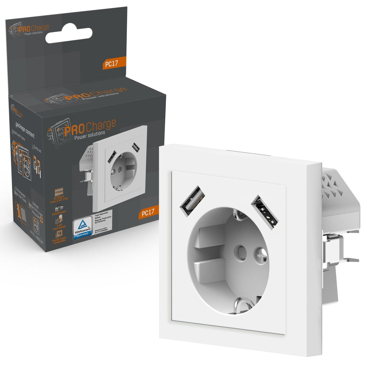 Prise murale ProCharge avec 2 chargeurs rapides USB - Universelle - Blanche - RAL9010