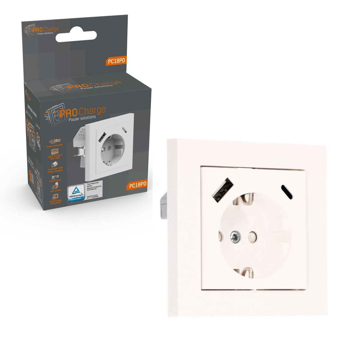 Prise murale avec chargeur rapide USB-C et USB-A - 3680 W - universelle 55 x 55 mm - Blanche