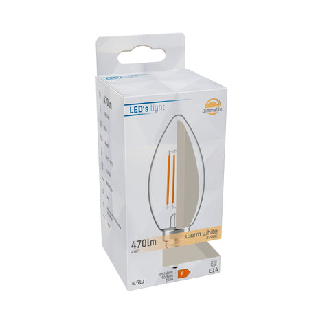 LED Filament Kaarslamp E14 Dimbaar 470 Lumen - 4.5W - Warmwit 2700K - Helder Glas