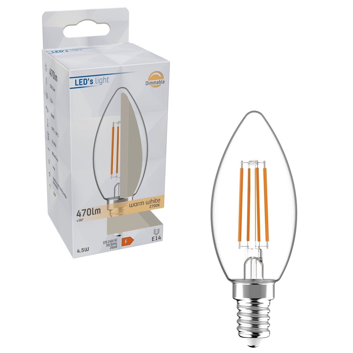 LED Filament Kaarslamp E14 Dimbaar 470 Lumen - 4.5W - Warmwit 2700K - Helder Glas
