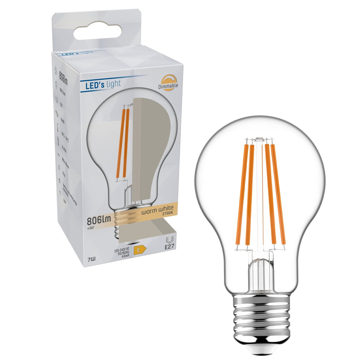 LED Filament Lamp E27 Warmwit 2700K - 7W 806 lumen - A60 Dimbaar - Helder Glas