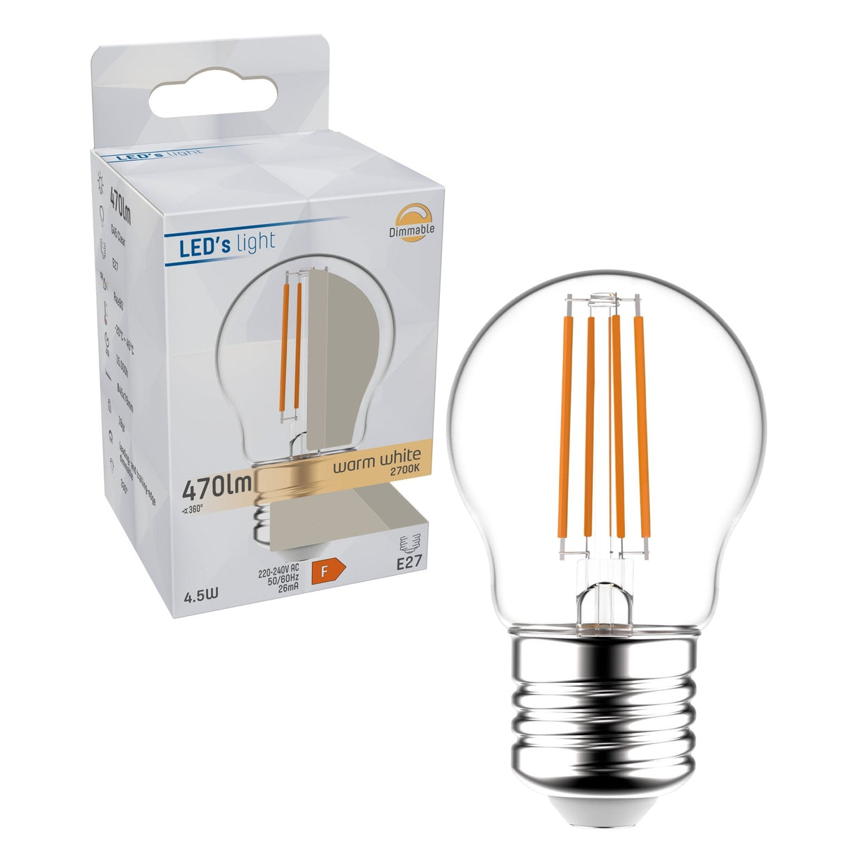 LED Filament Lamp E27 - 470 lumen - 4.5W - Warmwit 2700K - Dimbaar - G45 Kogel