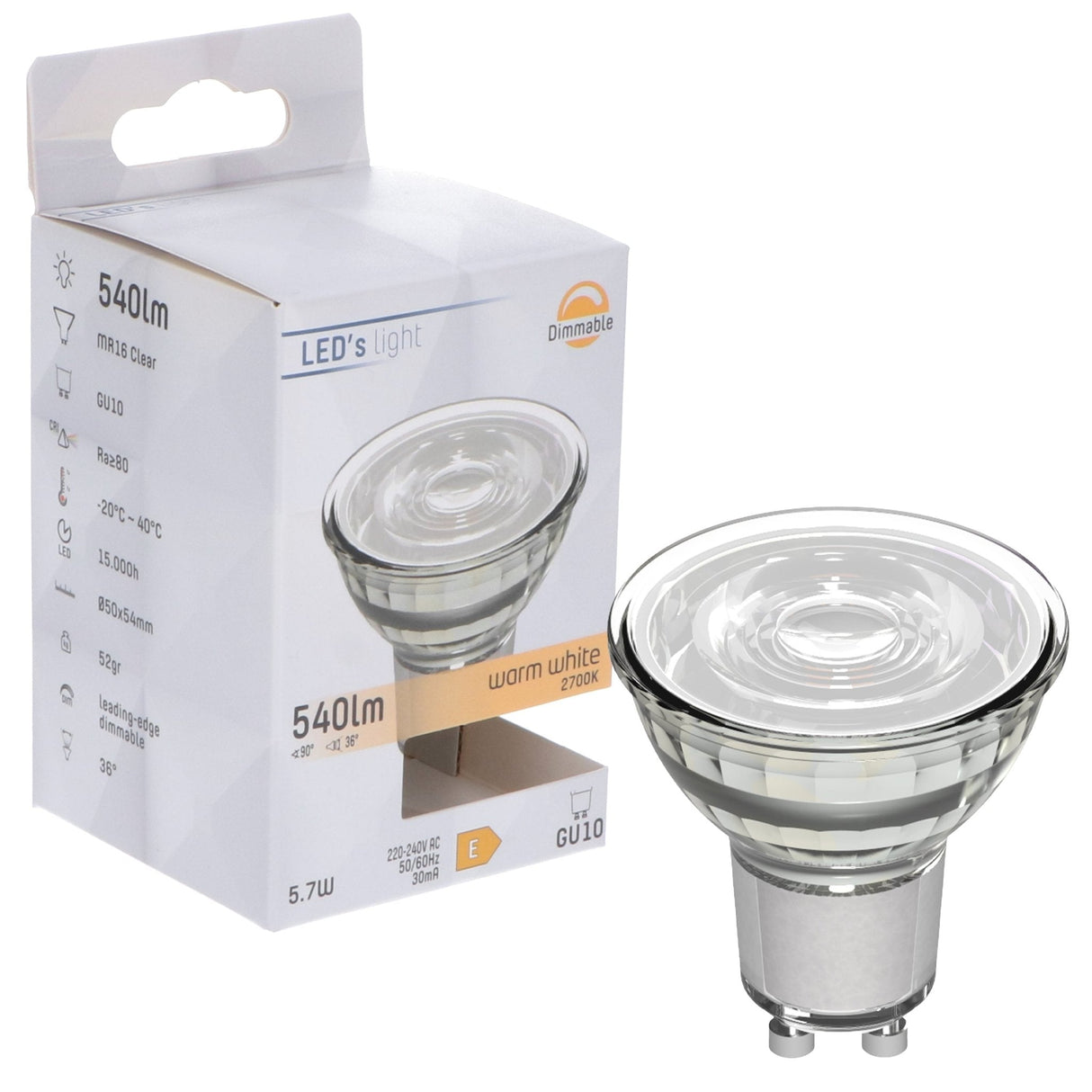 Spot LED GU10 à intensité variable 610 lumens - 5.7W - 2700K - 36° - MR16