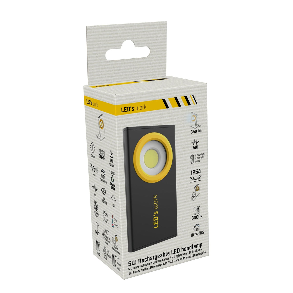 LED werklamp oplaadbaar koelwit 5000K - 350 lumen - IP54 dimbaar - magneet haak voet - 2 lichtpunten