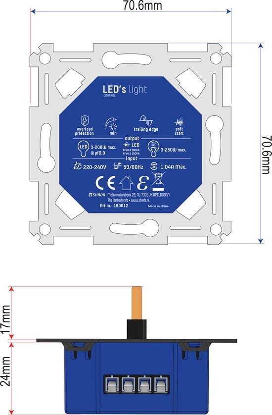 LED Dimmer Universeel Zwart - 3-225W - Fase Afsnijding - Compleet met Afdekraam