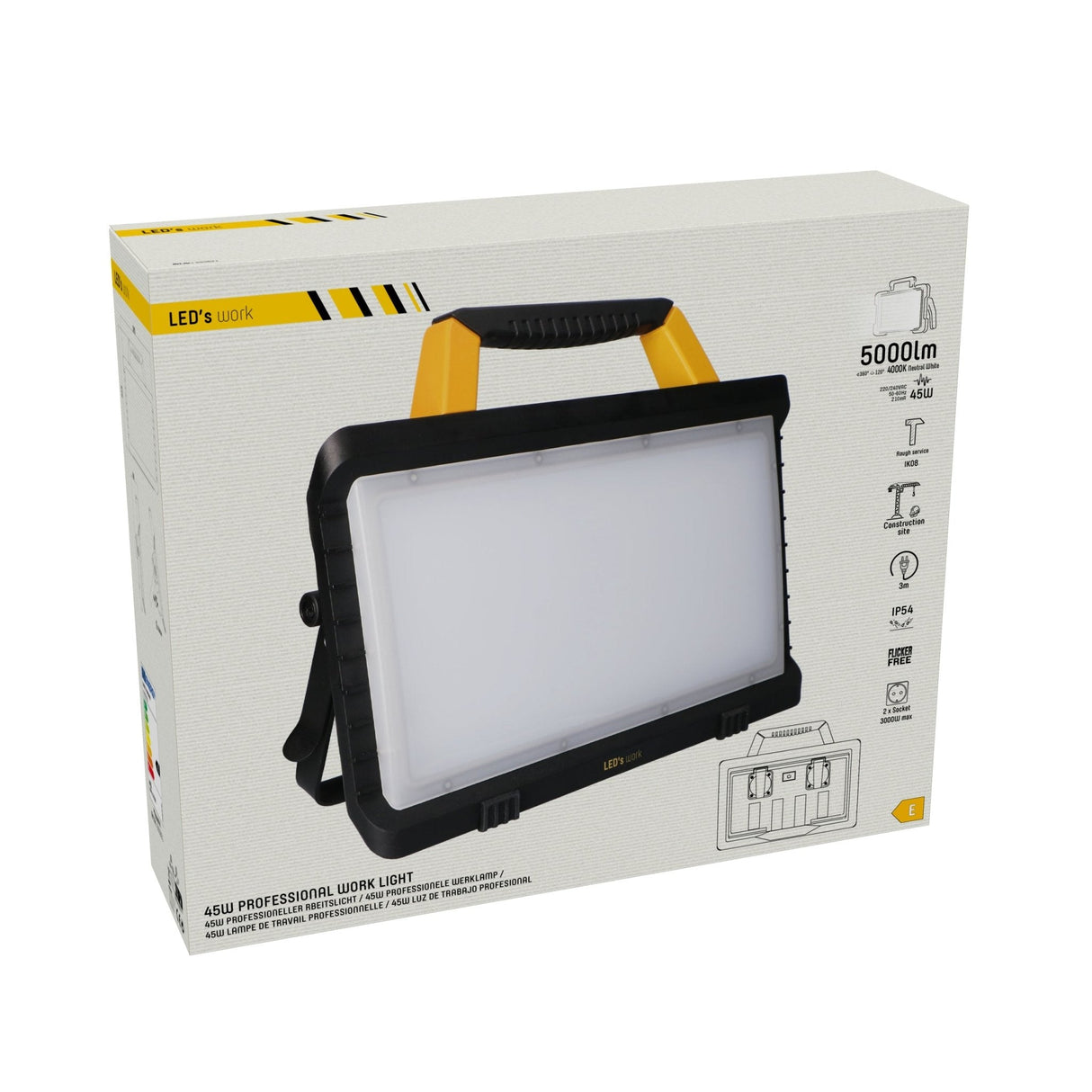 Lampe de travail LED 5000 lumens - 45W - Blanc froid 4000K - 2 prises de courant - Étanche IP54