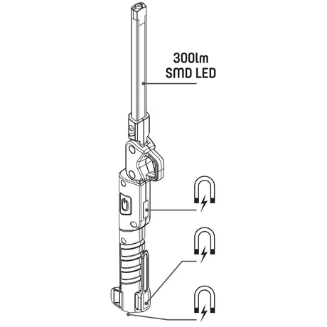 Lampe d'inspection rechargeable LED's Work 300 - Lampe d'inspection - Rabattable et sans fil - Avec aimant et crochet