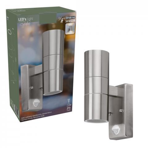 LED Wandlamp met Sensor 2x GU10 - Zilvergrijs Staal - IP44 - Up & Down - Bewegingssensor