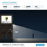 Simulatie lichtbundel LED schijnwerper 100W 8.900 lm koelwit 4000K 110° op de gevel