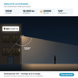 Simulatie lichtbundel LED schijnwerper 150W 18.000 lm warmwit 3000K 120° op de gevel
