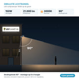 Simulatie lichtbundel LED schijnwerper 150W 21.000 lm warmwit 3000K 90° op de gevel