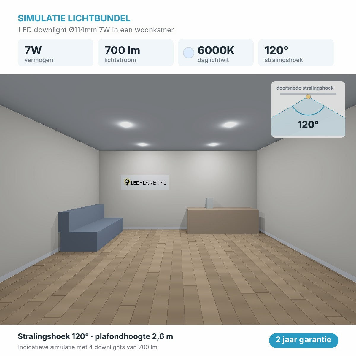 Simulatie lichtbundel LED downlight Ø114mm 7W 700 lm daglichtwit 6000K 120°