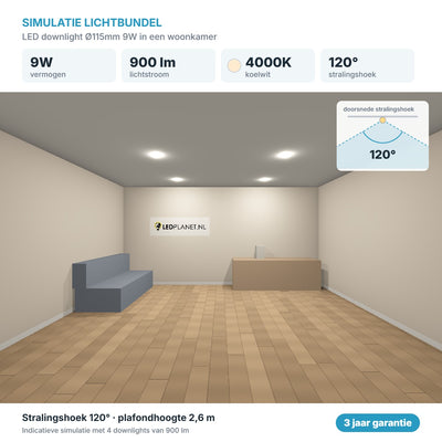 Simulatie lichtbundel LED downlight Ø115mm 9W 900 lm koelwit 4000K 120°