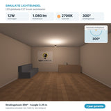 Simulatie lichtbundel LED gloeilamp E27 12W 1.080 lm warmwit 2700K 300° in een woonkamer