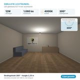 Simulatie lichtbundel LED gloeilamp E27 12W 1.080 lm koelwit 4000K 300° in een woonkamer