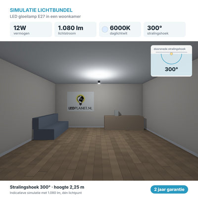 Simulatie lichtbundel LED gloeilamp E27 12W 1.080 lm daglichtwit 6000K 300° in een woonkamer