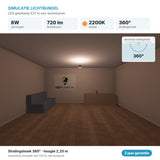 Simulatie lichtbundel LED gloeilamp E27 8W 720 lm amber 2200K 360° in een woonkamer