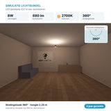 Simulatie lichtbundel LED gloeilamp E27 8W 880 lm warmwit 2700K 360° in een woonkamer