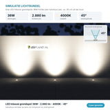 Lichtsimulatie LED inbouw grondspots 36W 2.880 lm koelwit 4000K, stralingshoek 45 graden tegen een tuinmuur