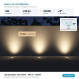 Lichtsimulatie LED inbouw grondspots 6W 450 lm warmwit 3000K, stralingshoek 45 graden tegen een tuinmuur