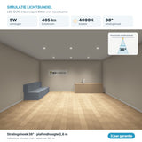 Simulatie lichtbundel LED GU10 inbouwspot 5W 465 lm koelwit 4000K 38°