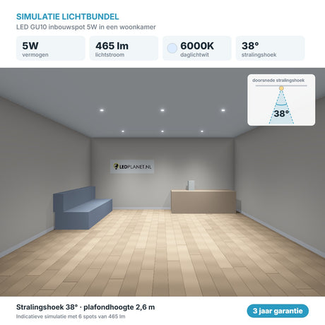 Simulatie lichtbundel LED GU10 inbouwspot 5W 465 lm daglichtwit 6000K 38°