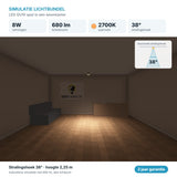 Simulatie lichtbundel LED GU10 spot 8W 680 lm warmwit 2700K 38° in een woonkamer